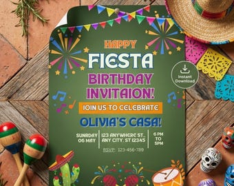 Fiesta Geburtstagseinladung, Mexikanische Themenparty einladen, Bearbeitbare Canva Vorlage, Papel Picado Fiesta Geburtstagseinladung, digitaler Download