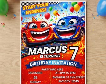 Bearbeitbare Hot Cars Geburtstagseinladung, Rennauto-Party einladen für Jungen, Rennthema Canva Vorlage, Kindergeburtstagskarte, sofortiger Download