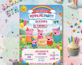 Bearbeitbare Peppa Pig Geburtstagseinladung, Kinderparty laden Canva-Vorlage ein, niedliche Cartoon-Geburtstags-Einladung für Mädchen, digitaler Download