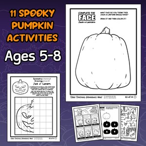 Könnte beinhalten: Halloween-Aktivitätsblätter für Kinder im Alter von 5-8 Jahren. Die Blätter enthalten Mal-, Zeichen- und Rätselaktivitäten rund um Kürbisse und Jack-o'-Laternen. Der Text auf den Blättern lautet "11 Gruselige Kürbis-Aktivitäten" und "Vervollständige das Gesicht Jack-o'-Laterne".