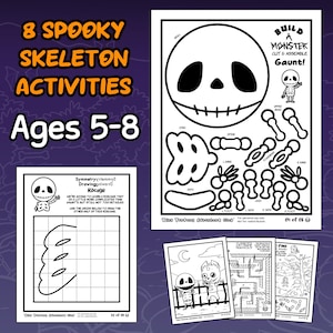 May include: A collection of Halloween-themed activity sheets for children aged 5-8. The sheets include skeleton-themed activities, a build-a-monster cut-and-assemble game, symmetry drawing, and mazes. The text on the image reads "8 Spooky Skeleton Activities" and "Ages 5-8".