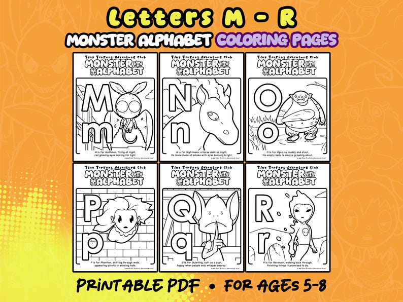 Monster Alphabet M-R Coloring Pages Printable | Ages 5-8 Cute Halloween ...