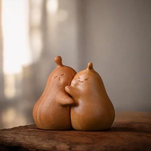 May include: Two wooden figurines in a warm brown hue, embracing each other. The figures have a pear-like shape with carved facial features, including closed eyes and a gentle smile. The figures are on a wooden surface.