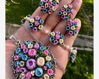 Floral Jewelry Set, Hand Sculpted Pastel Flower Necklace Bracelet Earrings Ring, Colorful Floral Jewelry, Handmade Gift for Her