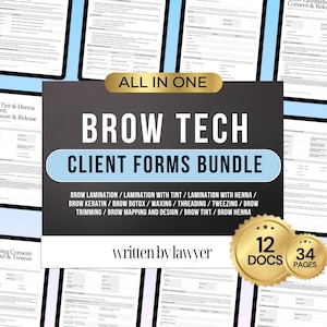 Könnte beinhalten: Ein digitales Bündel von Kundenformularen für Brow-Techniker mit einer schwarzen und hellblauen Grafiküberlagerung mit dem Text ALL IN ONE BROW TECH CLIENT FORMS BUNDLE und written by lawyer. Zwei goldene Abzeichen zeigen 12 DOCS und 34 PAGES.