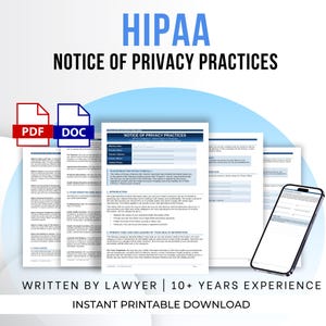 Pode incluir: Um documento HIPAA sobre práticas de privacidade com o texto "NOTICE OF PRIVACY PRACTICES" em um design azul e branco. A imagem inclui ícones PDF e DOC e o texto "WRITTEN BY LAWYER | 10+ YEARS EXPERIENCE".