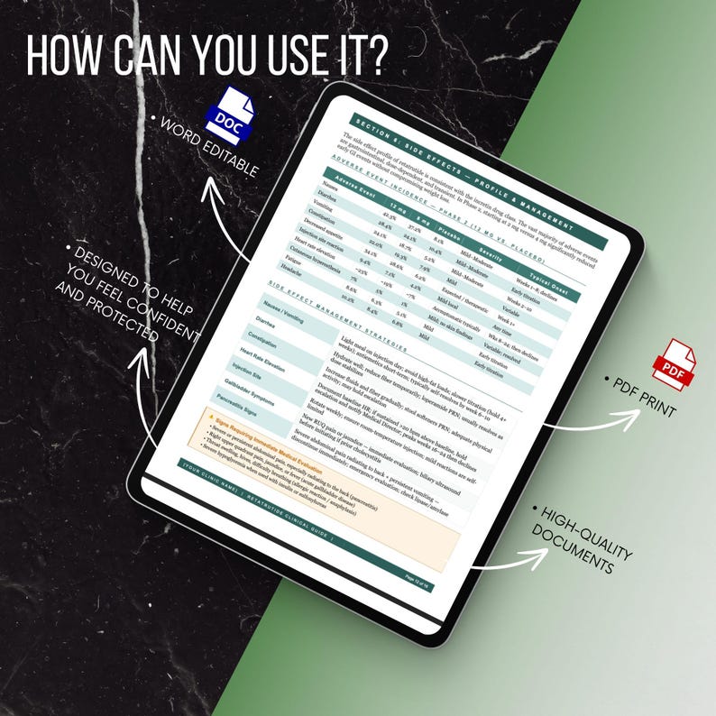 May include: A digital tablet displaying a medical document with tables and text. The tablet is on a black and white marble surface. Text on the image includes "How can you use it?" and "Word Editable."