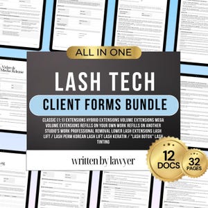 May include: A digital bundle of 12 lash technician client forms totaling 32 pages. The central graphic features the text ALL IN ONE LASH TECH CLIENT FORMS BUNDLE, listing services like classic, hybrid, volume, and mega volume extensions.