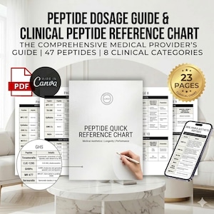 May include: A comprehensive medical provider's guide and clinical peptide reference chart. The guide includes 47 peptides and 8 clinical categories. The image shows a PDF document, a phone displaying a chart, and a gold seal that says "23 pages".