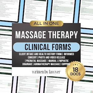 Op de afbeelding: Een digitale verzameling van 18 klinische massageformulieren met een zwart-gouden koptekst met de tekst ALL IN ONE MASSAGE THERAPY CLINICAL FORMS, inclusief intake-, toestemmings- en gespecialiseerde behandelingsdocumenten geschreven door een advocaat.