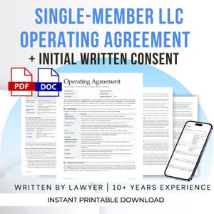 Peut inclure: Un modèle numérique pour un accord d'exploitation de LLC à membre unique et un consentement écrit initial. Le document comprend des sections sur les définitions, la formation et le nom. Des icônes PDF et DOC sont visibles, avec un smartphone.