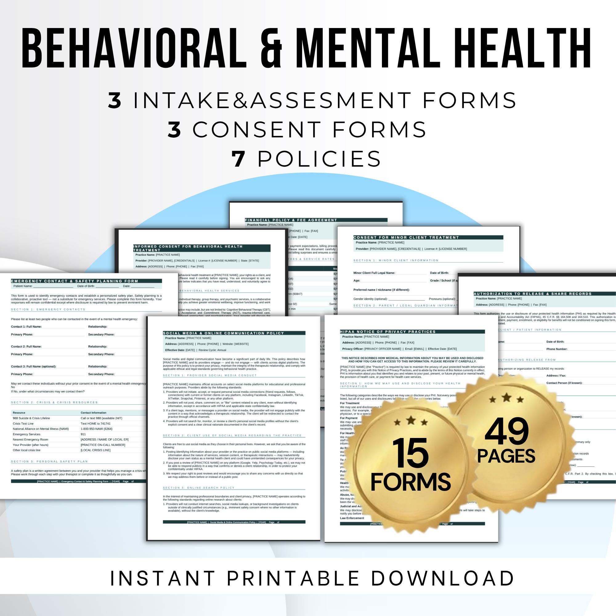Behavioral &mental Health Forms and Policies Bundle | Therapist Client ...