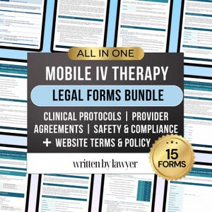 Może przedstawiać: Zestaw formularzy prawnych dla mobilnej terapii dożylnej. Centralny obraz zawiera tekst "MOBILE IV THERAPY LEGAL FORMS BUNDLE" z dodatkowym tekstem, w tym "CLINICAL PROTOCOLS" i "15 FORMS". W tle widać kilka cyfrowych tabletów z dokumentami.