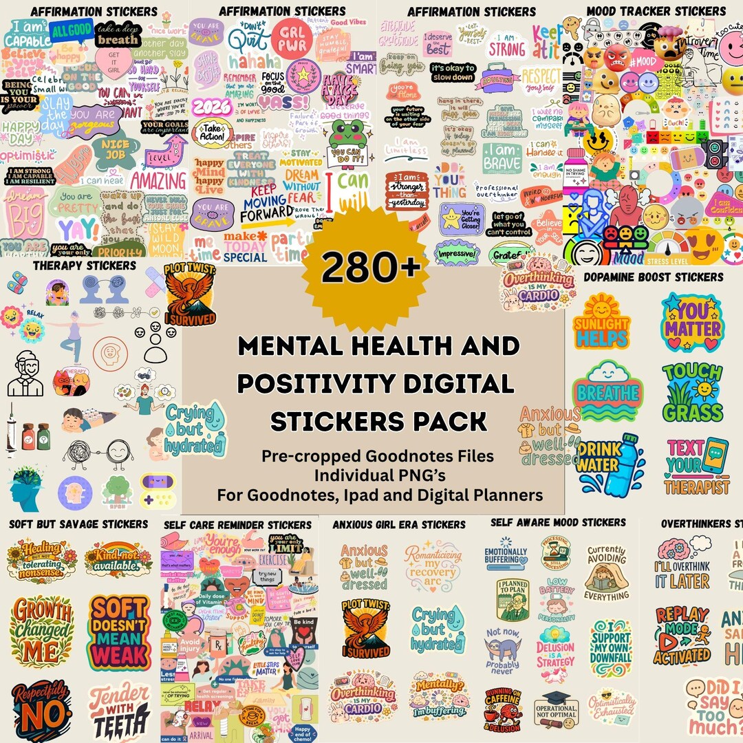 Mental Health Positivity Digital Stickers Pack, Goodnotes Pngs (digital ...