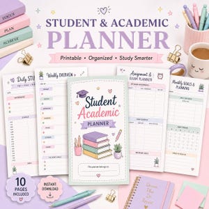 Puede incluir: Un conjunto de planificadores estudiantiles y académicos con varias páginas imprimibles en tonos pastel. La portada muestra una pila de libros, un birrete de graduación y el texto Student Academic Planner. Incluye diseños diarios, semanales y mensuales.