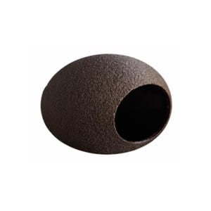 May include: A brown, egg-shaped pet cave with a textured surface and a large opening. The interior is dark, creating a cosy space for small animals. This pet accessory is designed for comfort and security.