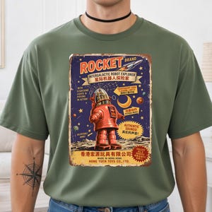 Retro Rocket Robot Poster T-Shirt | Vintage Space Toy Graphic Tee