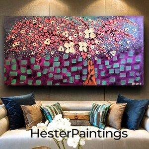 Palette Knife Oil Painting on Canvas: Pink & Blue Floral Tree (24x48)