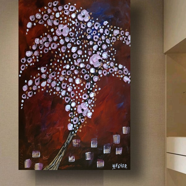 large abstract 24x36 textured original painting floral tree canvas art requires no frame hesterpaintings