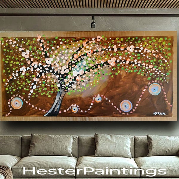 Tree painting abstract impasto orange and white blossoms old tree painting art textured large wall art 24x48 hesterpainting needs no frame