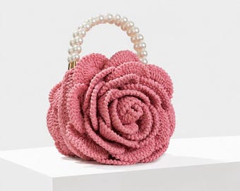 Crochet Rose Clutch Bag – Pink Ivory Floral Evening Handbag (M fit for phone12)