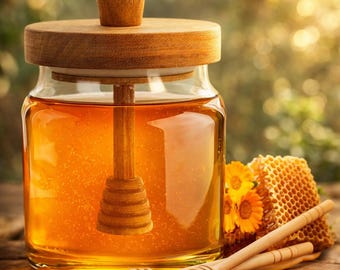 Glass Honey Pot with Wooden Dipper – 18oz Airtight Syrup Container, Kitchen Storage Decor