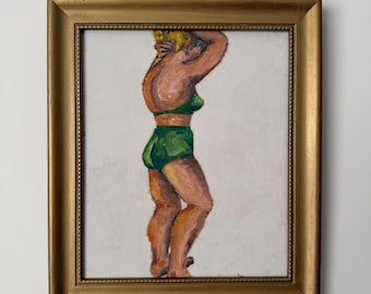 Vintage Modernist Female Figure Oil Painting Green Swimsuit Original