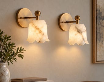 Alabaster Wall Sconce, Mid Century Modern Brass Wall Light, Natural Stone Bathroom Vanity Light, Bedroom Bedside Sconce, Luxury Lighting