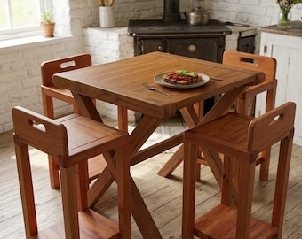 Taburete de bar de madera maciza hecho a mano, mesa auxiliar minimalista de estilo rústico de granja, decoración Slow Decor