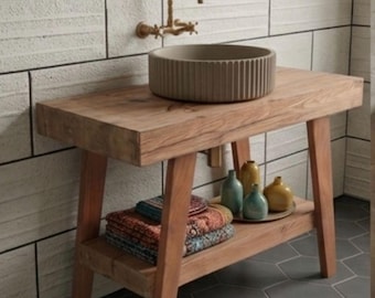 Mueble bajo de baño de madera maciza, acabado nogal rústico, 80 cm/100 cm