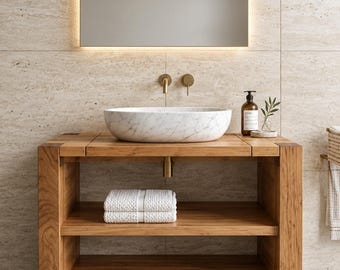 Solid Wood Bathroom Vanity, Handmade Sink Cabinet, Custom Open Shelf Furniture, Rustic Farmhouse Style