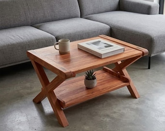 Solid Wood Coffee Table, Rustic Cross Leg Design, Natural Oil Finish, Eco Friendly Furniture