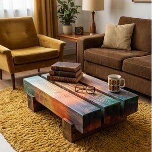 May include: A rustic, multi-colored wooden coffee table with a rectangular design. The table features a rainbow of colors, including orange, blue, and green. A stack of books, a mug, and eyeglasses rest on the table. The table is in a living room setting.