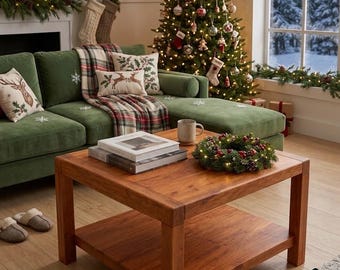 Handmade Solid Cherry Wood Coffee Table, Rustic Farmhouse Living Room Centerpiece