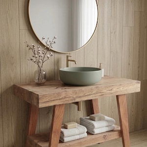Mueble bajo de baño de madera maciza, acabado nogal rústico, 80 cm/100 cm