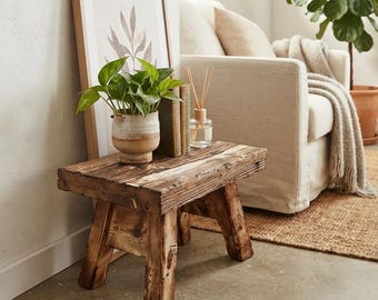 Handmade Rustic Wooden Stool | Burnt Wood Plant Stand, Farmhouse Decor Natural Oil Finish
