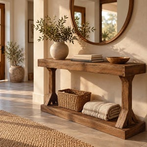 May include: A rectangular wooden console table with a natural finish and sturdy trestle-style legs. The top surface holds a round ceramic vase with green branches, a stack of two books, and a wooden bowl. A woven basket and a folded textile sit below.
