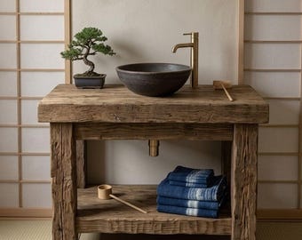 Reclaimed Wood Bathroom Vanity, Wabi-Sabi Farmhouse Sink Stand, Solid Wood Furniture