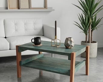 Handcrafted Rustic Wooden Coffee Table with Shelf, Farmhouse Living Room Furniture