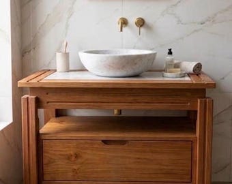 Handmade Solid Wood Bathroom Vanity | Natural Oil Finish Vanity Cabinet with Drop Down Door