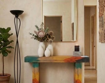 Handmade Solid Wood Bench, Botanical Colors, Rustic Modern Console Table