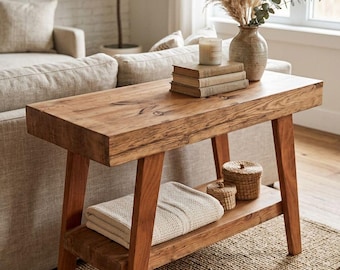 Mesa de centro de madera maciza, estante minimalista rústico, consola estrecha para sala de estar.