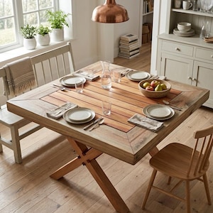 Puede incluir: Una mesa de comedor cuadrada de madera clara, de unos 120 cm de lado, preparada para una comida. La mesa tiene una base en forma de cruz y está rodeada de sillas de madera. Platos, vasos y cubiertos están colocados. Una lámpara colgante de cobre cuelga encima.