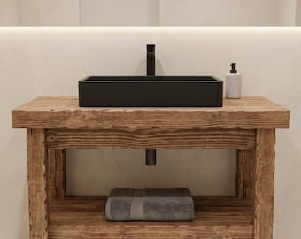 Solid Spruce Wood Bathroom Vanity, Rustic Floating Sink Cabinet, Eco-Friendly Furniture