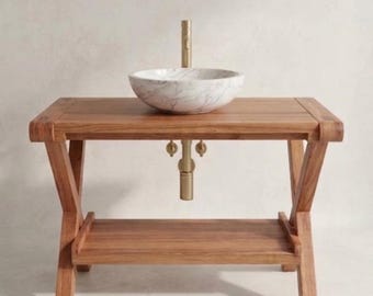 Solid Wood Bathroom Vanity with Shelf, Rustic Farmhouse Washstand