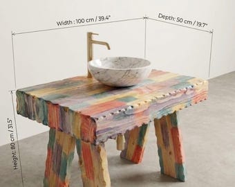 Rustic Rainbow Vanity Table, Unique Artisanal Woodwork, Modern Home Decor, Solid Wood Console, Handmade Colorful Bathroom Sink Stand
