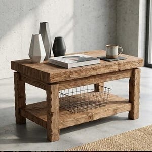May include: A rustic, rectangular coffee table made of light brown wood. The table has a lower shelf with a wire basket and is topped with decorative vases, a book, and a mug. The table is a centerpiece for a living room.