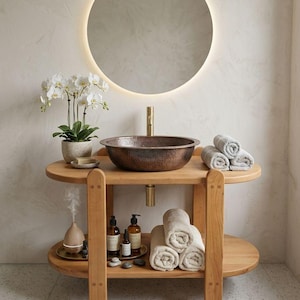 May include: A bathroom vanity featuring a light wood two-tier oval console table with a hammered copper vessel sink and a gold faucet. The setup includes a round backlit mirror, white orchids in a pot, rolled grey towels, and amber glass bottles.