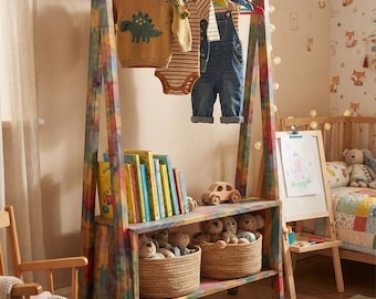 Handmade Rainbow Solid Wood Garment Rack, Kids Clothes Organizer, Nursery Furniture