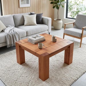May include: A square coffee table constructed from light brown wood with thick, block-style legs and visible joinery at the corners. The tabletop features a smooth, flat surface with a subtle seam running through the center, showcasing natural wood grain.